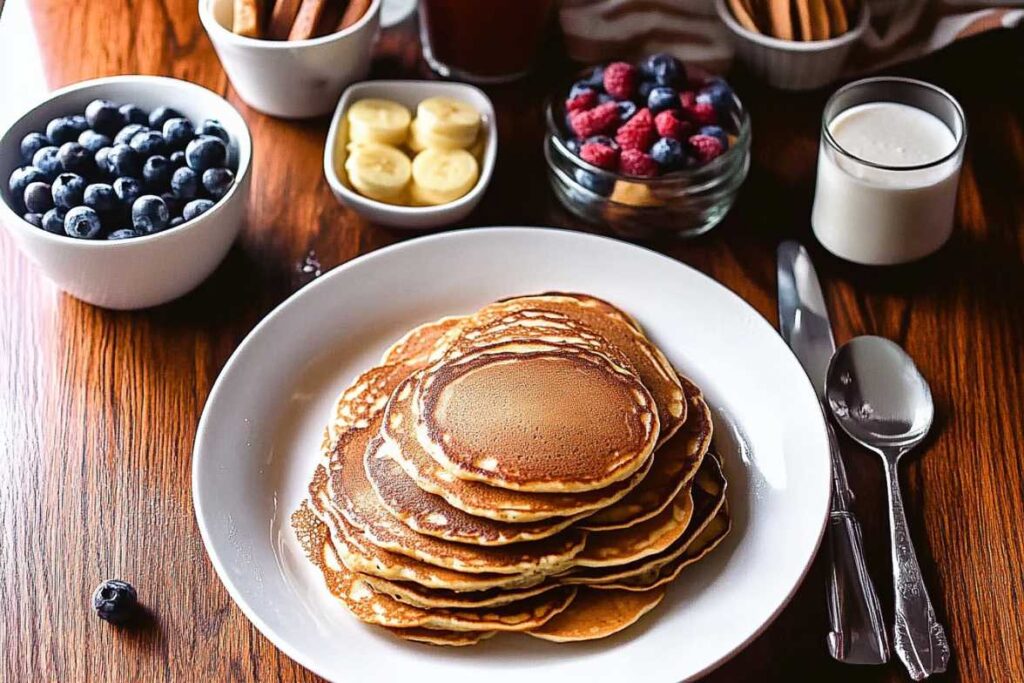 A stack of golden pancakes on a white plate, surrounded by bowls of blueberries, banana slices, and raspberries, with milk and utensils on a wooden table.