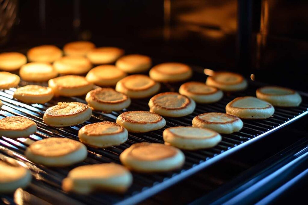 How Do You Keep Mini Pancakes Warm For A Party? Mini pancakes baking evenly on a wire rack inside an oven, with a golden-brown finish.