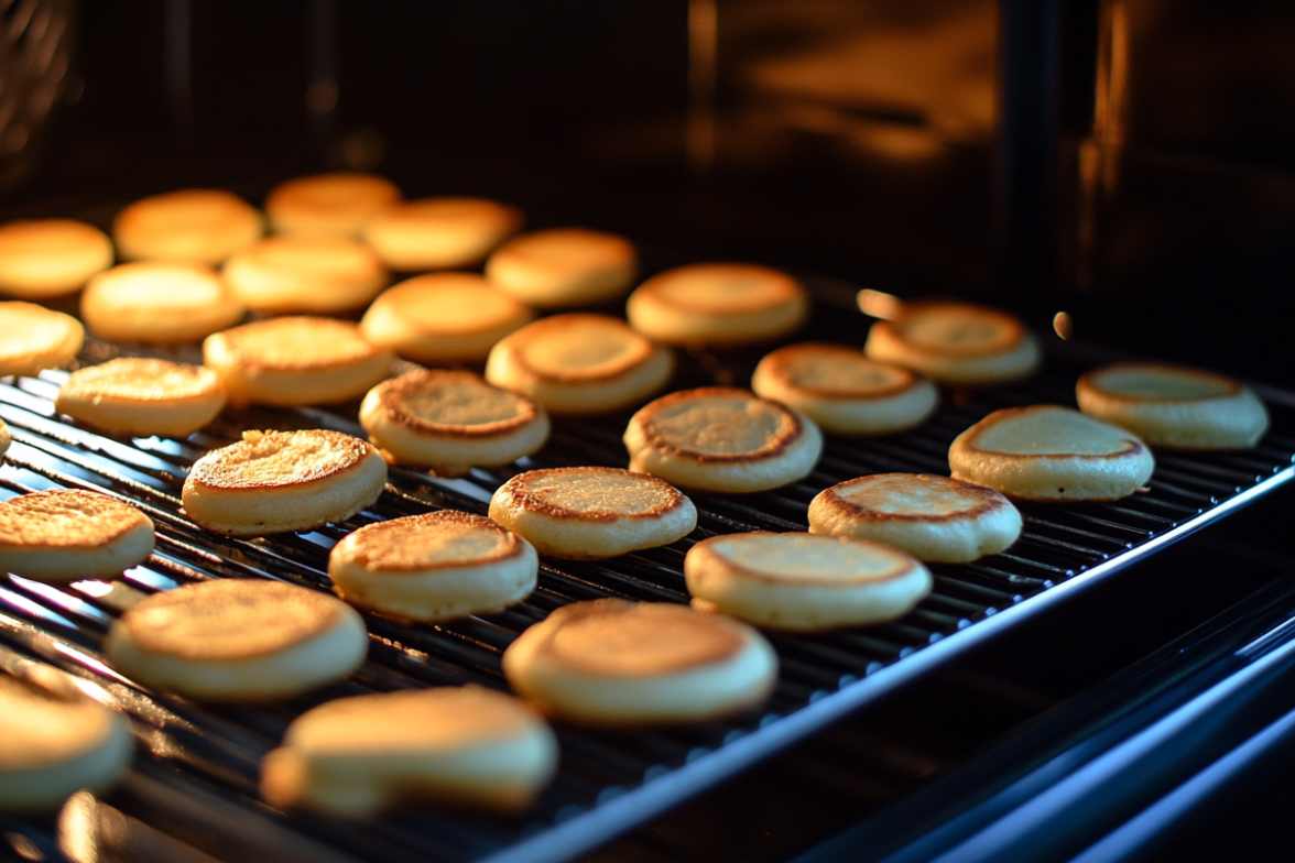 Mini pancakes baking evenly on a wire rack inside an oven, with a golden-brown finish.