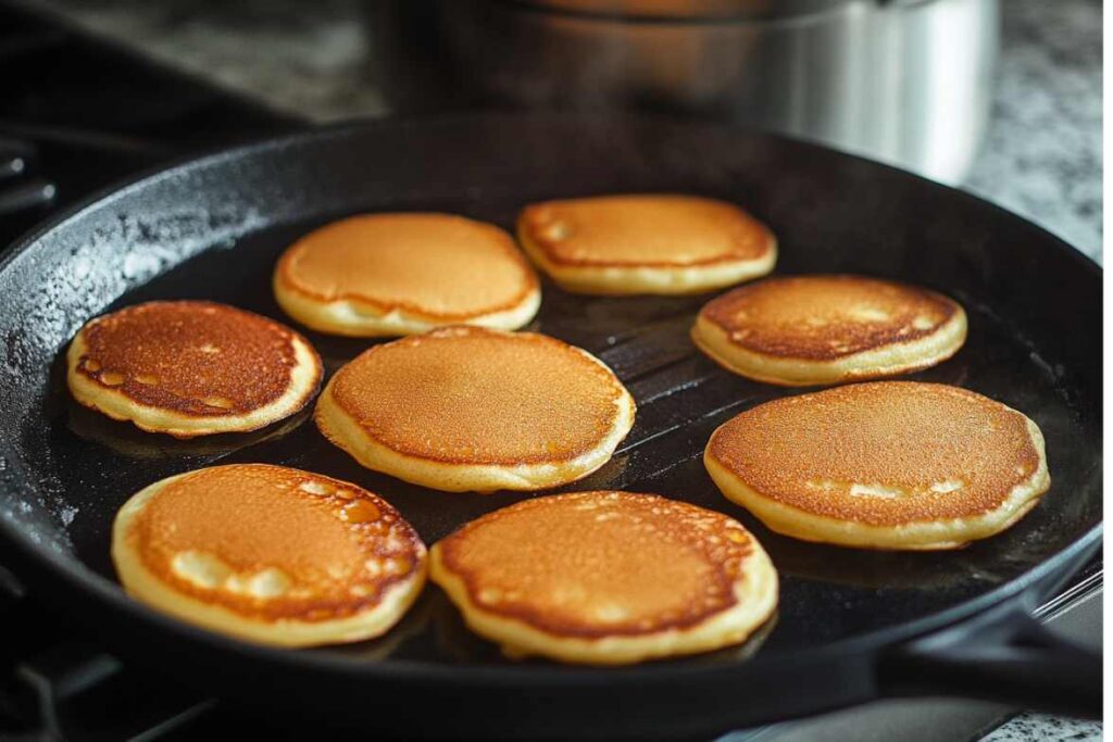 Golden pancakes cooking on a hot skillet, sizzling to perfection.