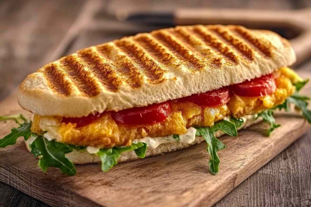 Grilled panini filled with crispy chicken, fresh tomato slices, arugula, and creamy sauce on a wooden board.