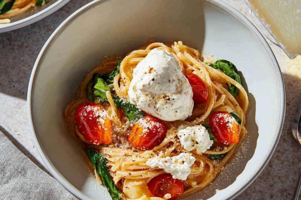 A bowl of freshly prepared pasta topped with creamy burrata cheese, cherry tomatoes, spinach, and a sprinkle of Parmesan cheese.