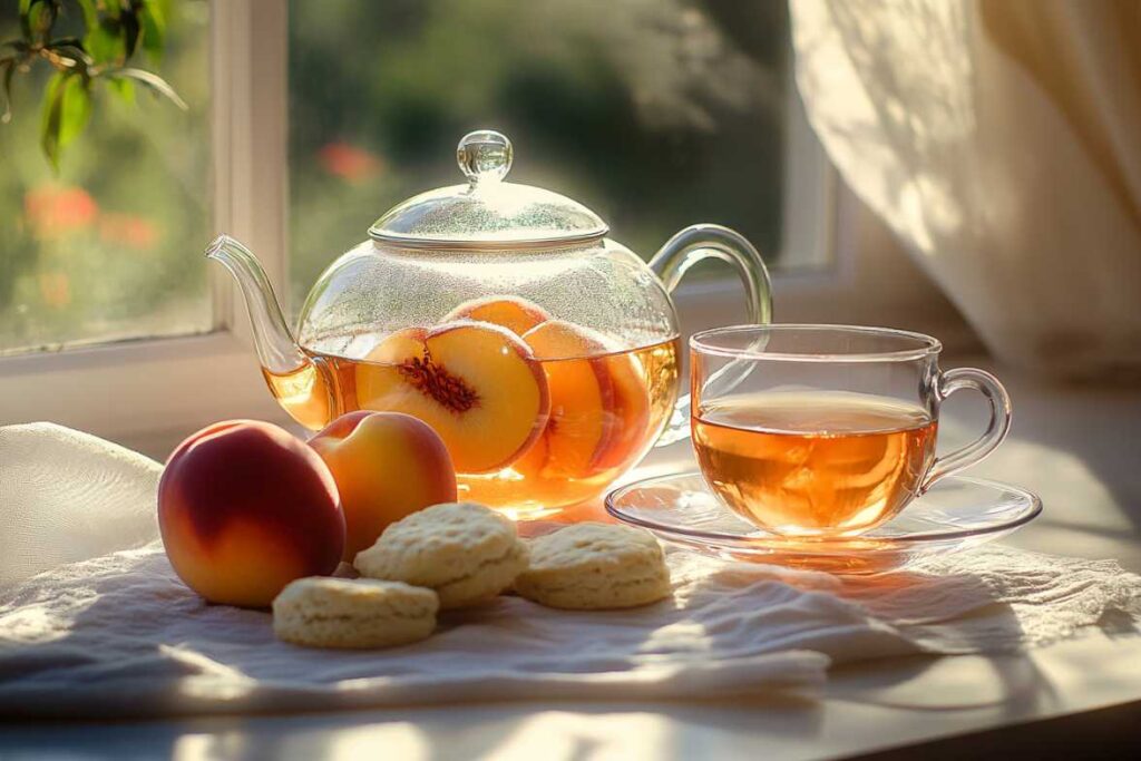 Glass teapot filled with English Breakfast Tea and fresh peach slices, alongside a cup of tea, peaches, and scones on a sunny windowsill