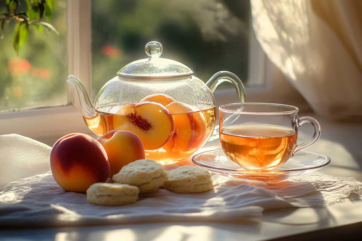 Glass teapot filled with English Breakfast Tea and fresh peach slices, alongside a cup of tea, peaches, and scones on a sunny windowsill