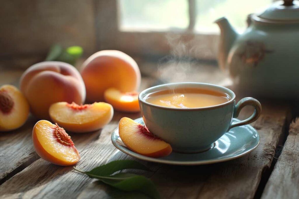 Steaming cup of English Breakfast Tea with Peach on a rustic wooden table surrounded by fresh peach slices and whole peaches