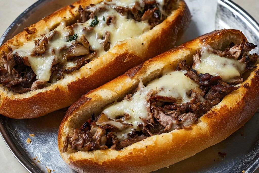 Philly cheesesteak bread filled with tender steak, caramelized onions, and melted cheese, served on a silver platter.