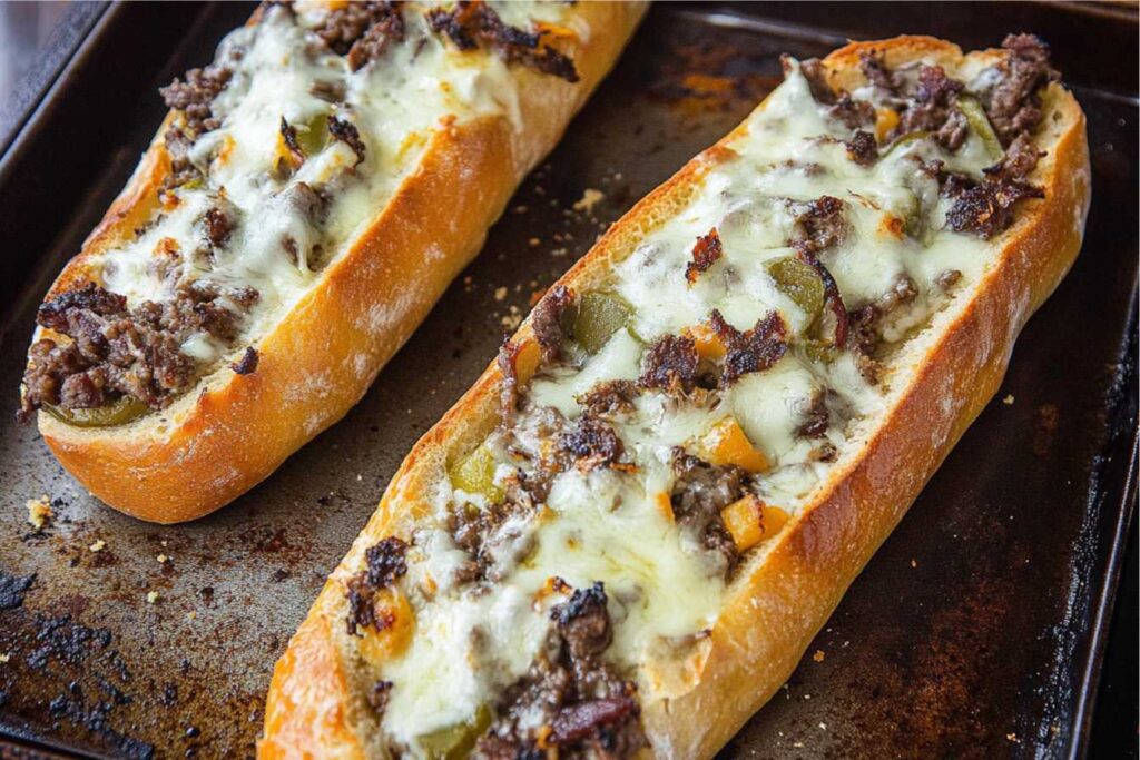 Freshly baked Philly cheesesteak bread with melted cheese, seasoned steak, and peppers on a baking sheet.