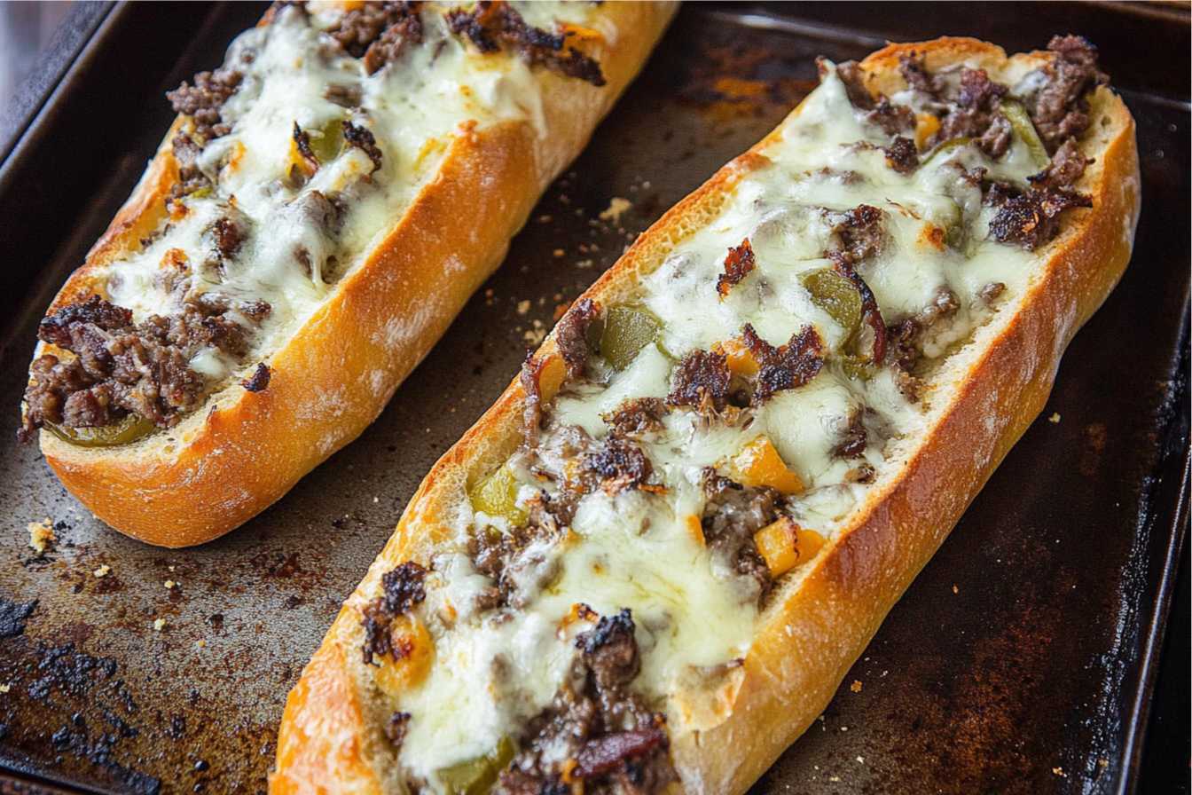 Freshly baked Philly cheesesteak bread with melted cheese, seasoned steak, and peppers on a baking sheet.