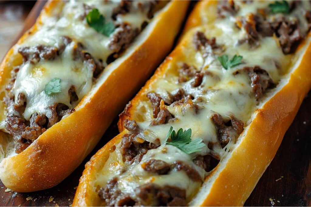 Philly cheesesteak bread topped with seasoned steak, melted cheese, and garnished with fresh parsley.