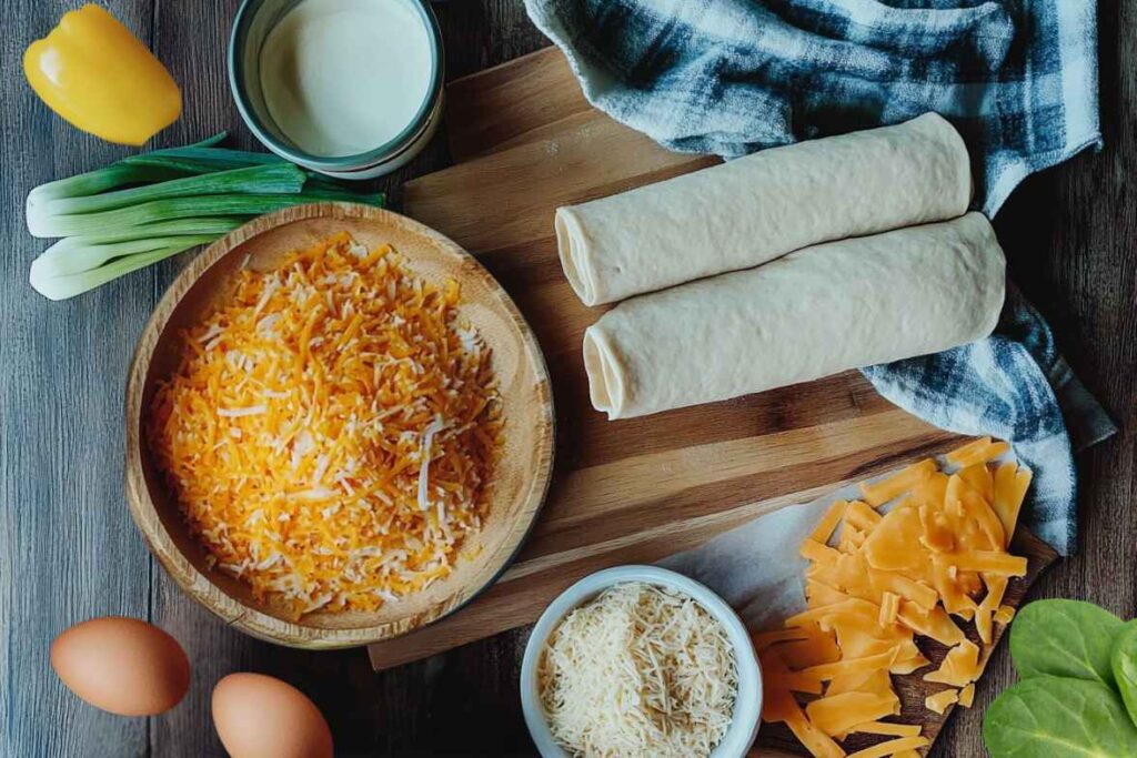 Ingredients for a school-friendly pizza, including shredded cheese, tortillas, eggs, yellow bell pepper, green onions, and grated Parmesan cheese on a wooden board.