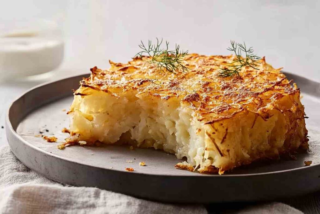 A freshly baked potato kugel with a crispy top and soft interior. What is potato kugel made of?