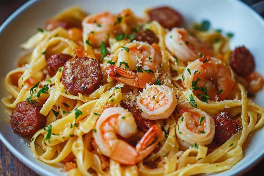 A plate of Shrimp and Sausage Pasta, featuring fettuccine topped with juicy shrimp, spicy sausage slices, fresh parsley, and grated parmesan.