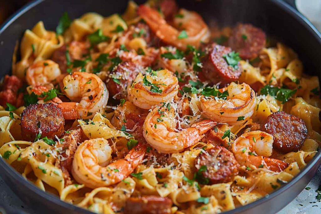 Close-up of Shrimp and Sausage Pasta, featuring juicy shrimp, savory sausage, and perfectly cooked pasta garnished with fresh parsley and grated parmesan.