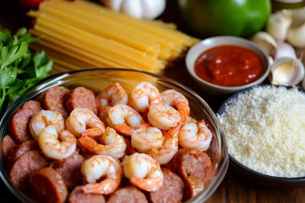 Fresh ingredients for Shrimp and Sausage Pasta, including shrimp, sausage, pasta, tomato sauce, parmesan, garlic, and parsley, arranged on a wooden countertop.