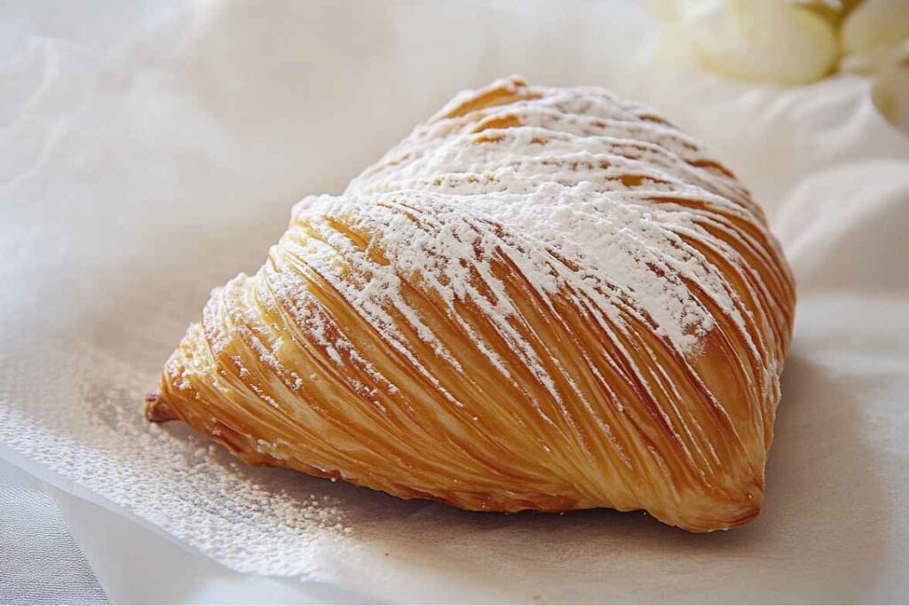 A golden, flaky sfogliatella pastry dusted with powdered sugar.