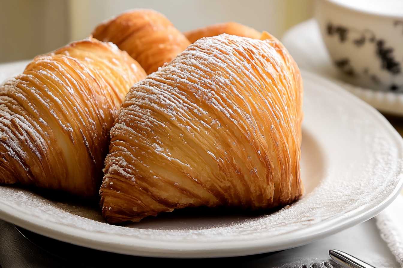 Italian Breakfast pastry. Golden, flaky sfogliatelle pastries dusted with powdered sugar on a white plate.