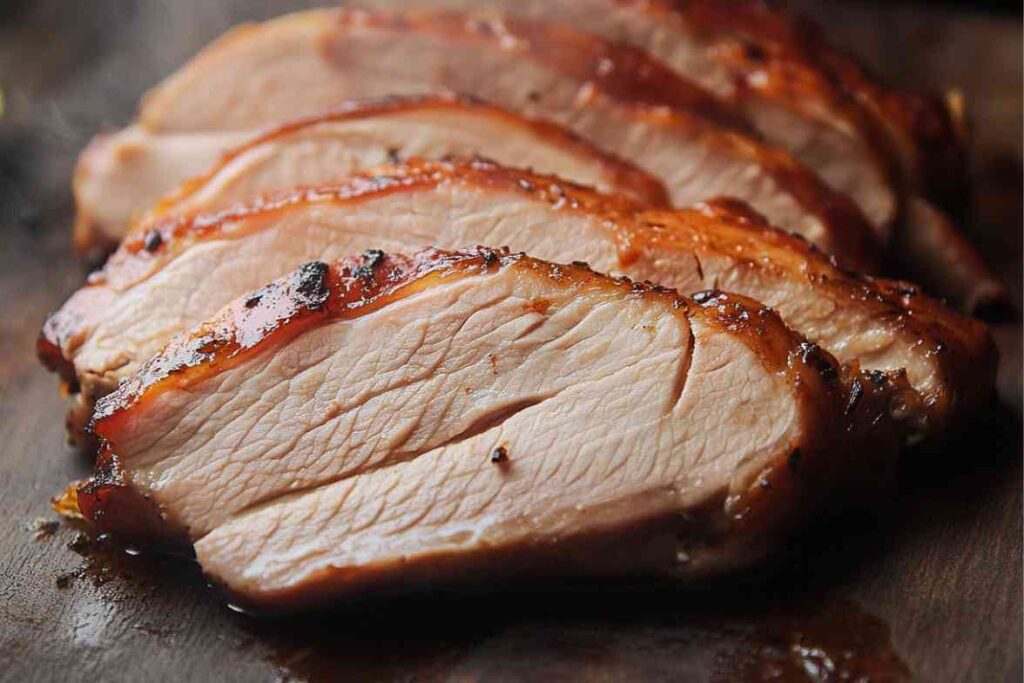 Thinly sliced smoked turkey breast with a glistening caramelized crust on a wooden board.