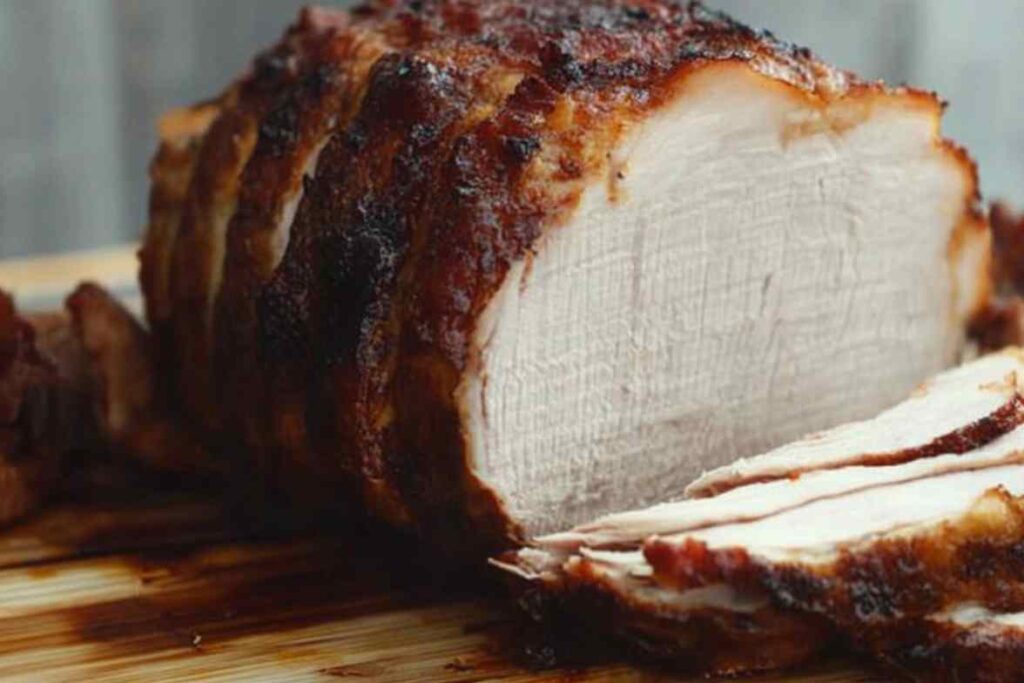 Sliced smoked turkey breast with a golden-brown crust on a wooden cutting board.