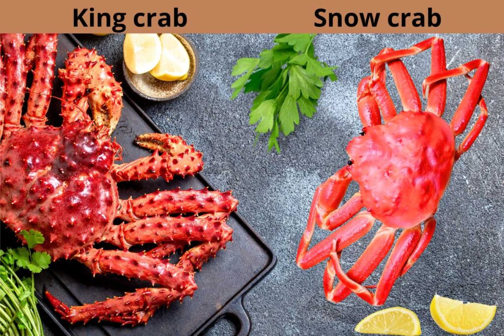 Comparison of king crab and snow crab placed side by side with garnish and lemon slices.