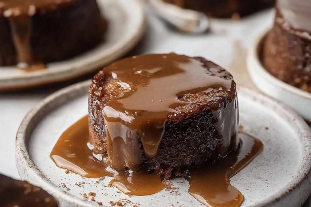 A rich sticky toffee pudding draped in velvety caramel sauce, served on a ceramic plate.