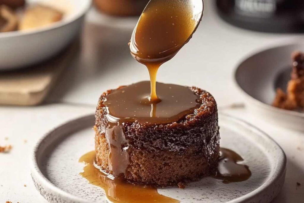 A decadent sticky toffee pudding drizzled with rich caramel sauce on a white plate.