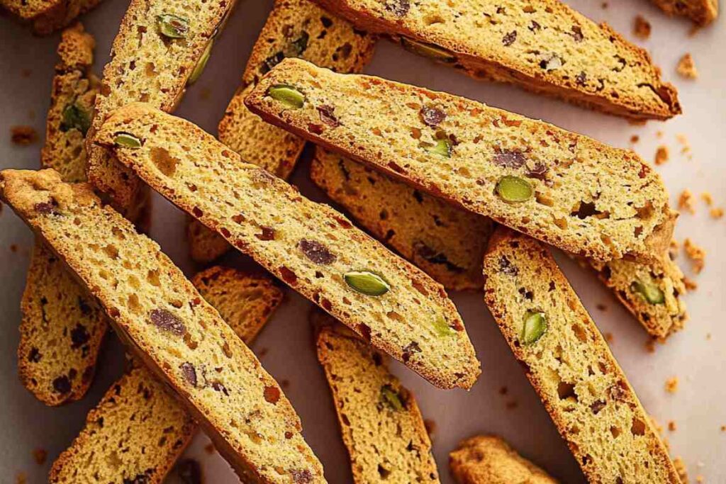 What is an Italian Breakfast Pastry? A close-up view of golden, crunchy biscotti slices with pistachios and dried fruits