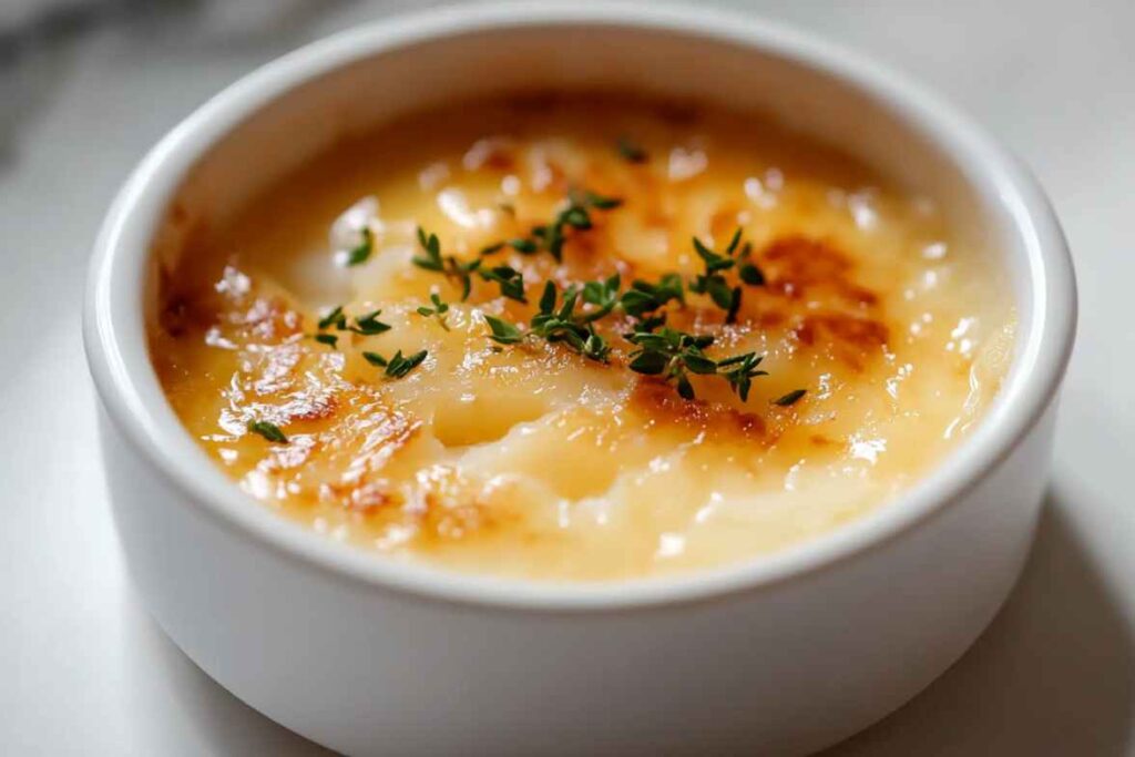 Crab Brulee Recipe in a ramekin topped with fresh thyme and a golden, bubbling crust