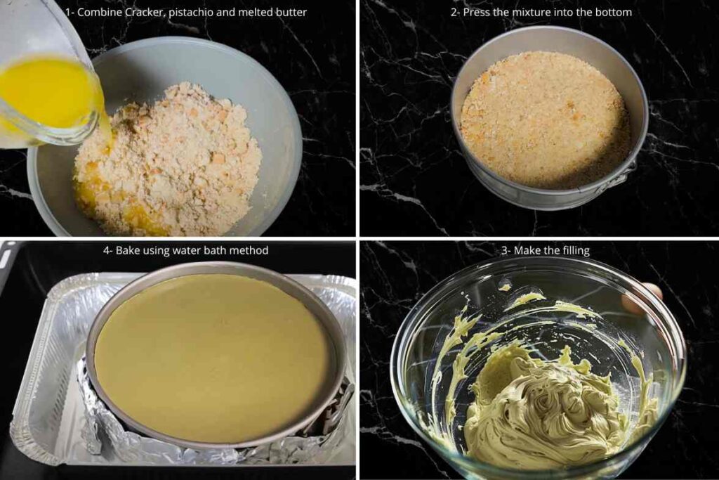 Step-by-step preparation of pistachio cheesecake, including crust mixing, pressing, filling preparation, and baking in a water bath.