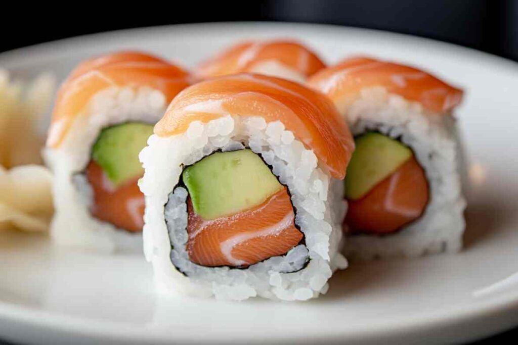 Is The Alaskan Roll Good? Fresh Alaska roll sushi with salmon, avocado, and rice, served on a white plate.