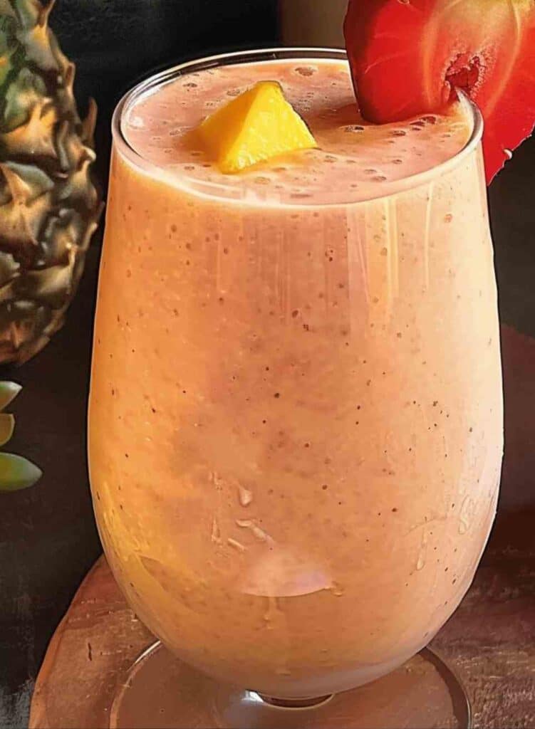 A creamy and refreshing Bahama Mama Tropical Smoothie served in a chilled glass, garnished with a fresh strawberry and pineapple chunk.