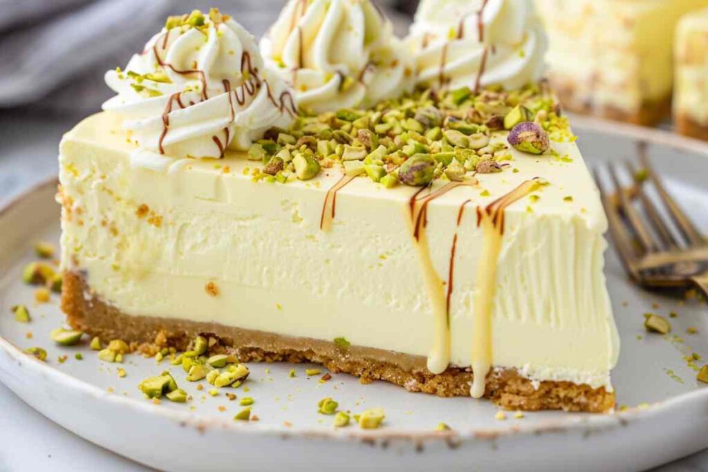 A slice of pistachio cheesecake topped with crushed pistachios, whipped cream, and drizzles of white and dark chocolate.