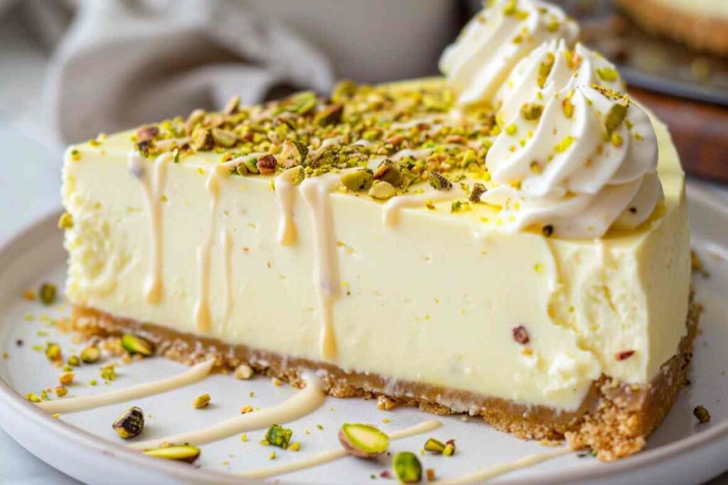 A creamy slice of pistachio cheesecake topped with crushed pistachios, whipped cream, and a drizzle of white chocolate.