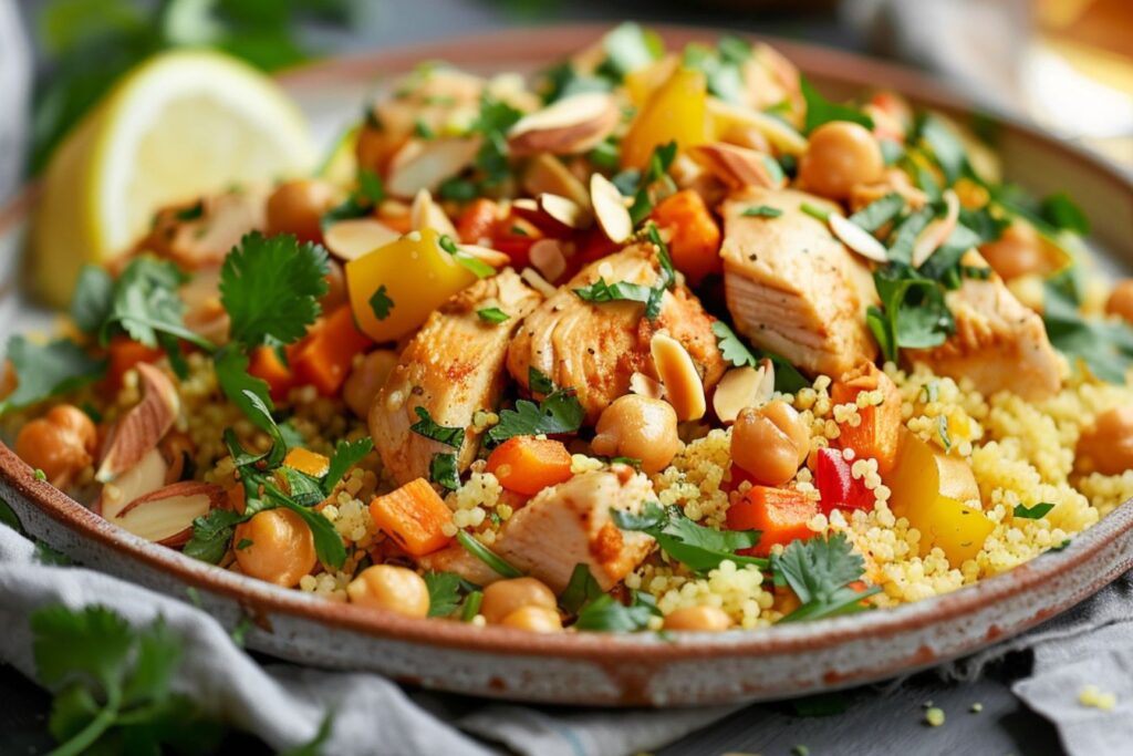 Couscous Chicken: A colorful plate with tender chicken, chickpeas, vegetables, and fresh herbs, garnished with almonds.