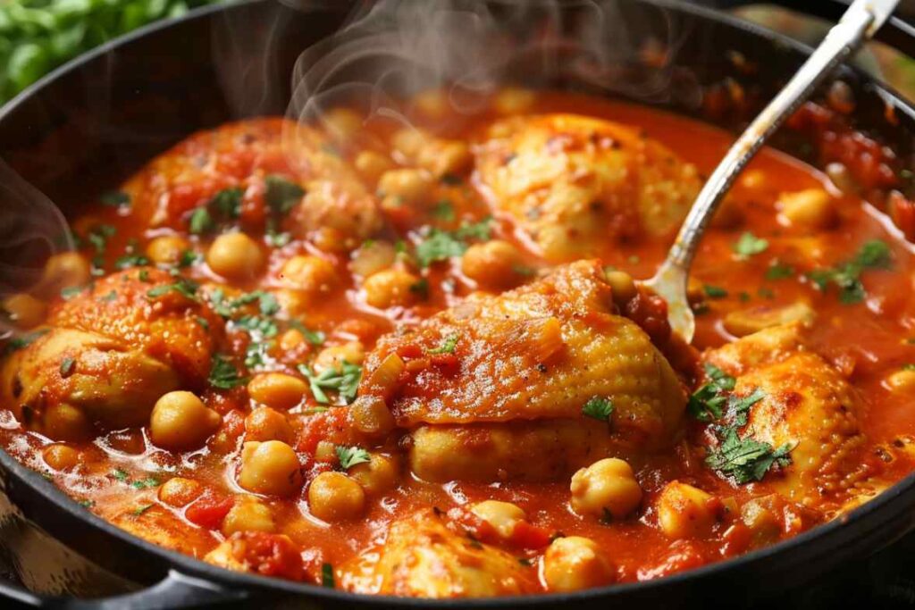 A steaming pot of chicken stew with chickpeas, tomatoes, and aromatic spices, slowly simmering to perfection