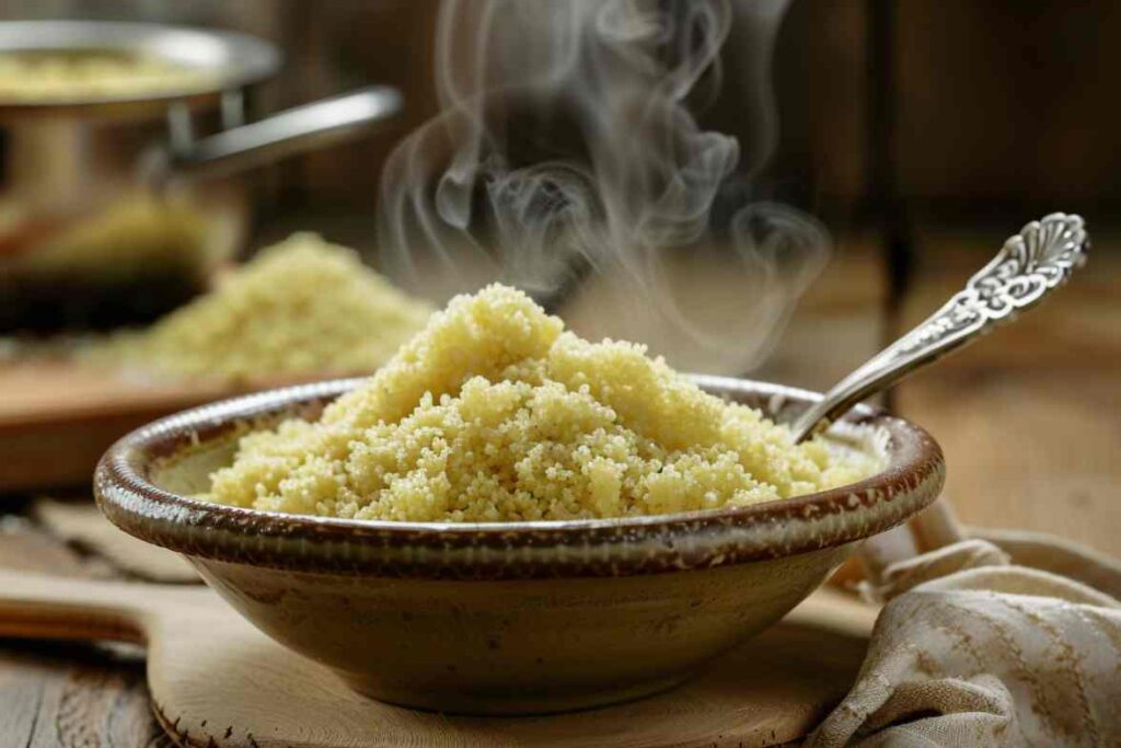 A steaming bowl of freshly cooked couscous served in a rustic ceramic dish with a decorative spoon