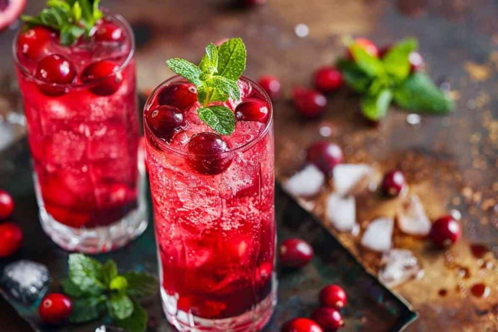 Two tall glasses of cranberry mocktail filled with ice, garnished with fresh cranberries and mint leaves, with scattered cranberries and ice cubes on a rustic surface.