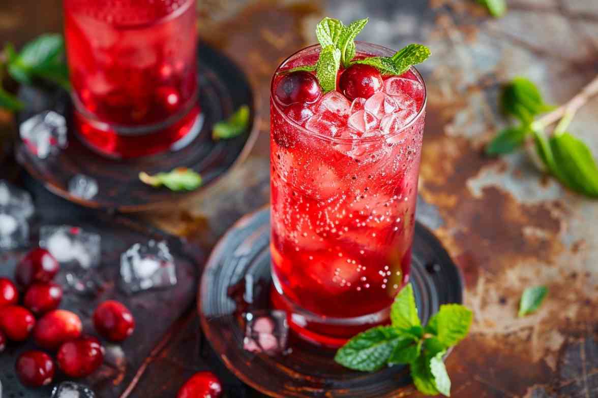 A vibrant cranberry mocktail in a tall glass filled with ice, garnished with fresh cranberries and mint leaves, served on a rustic background with scattered cranberries and ice cubes.