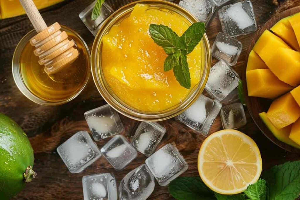 A top-down view of fresh mango puree in a glass jar, surrounded by honey, lime, lemon, ice cubes, and fresh mint leaves—key ingredients for a mango mocktail.