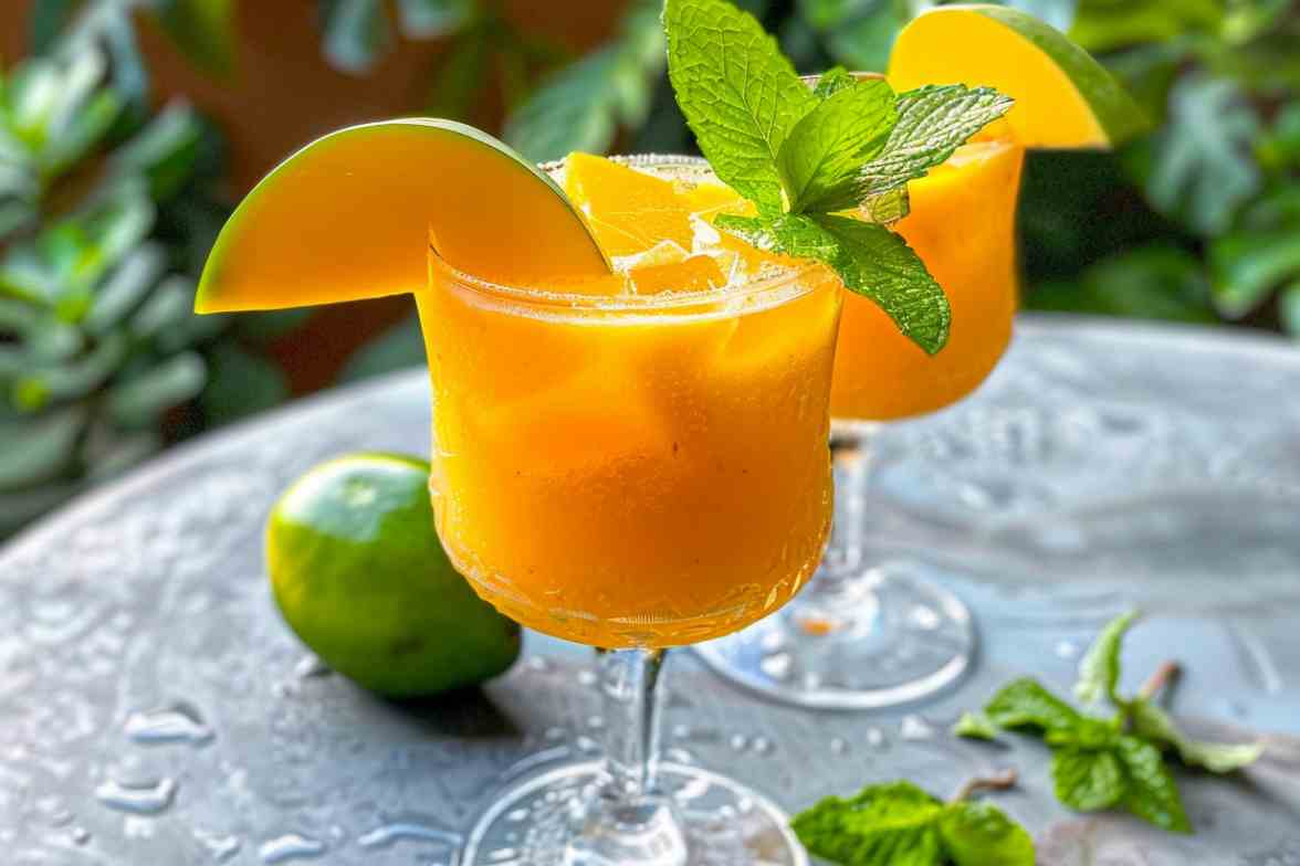 Refreshing mango mocktail served in a glass with ice, garnished with fresh mint and a mango slice, with lime and greenery in the background.