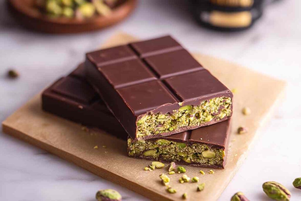 A rich Pistachio Chocolate Bar with a dense pistachio-filled center, surrounded by smooth dark chocolate. What is the pistachio chocolate bar called?