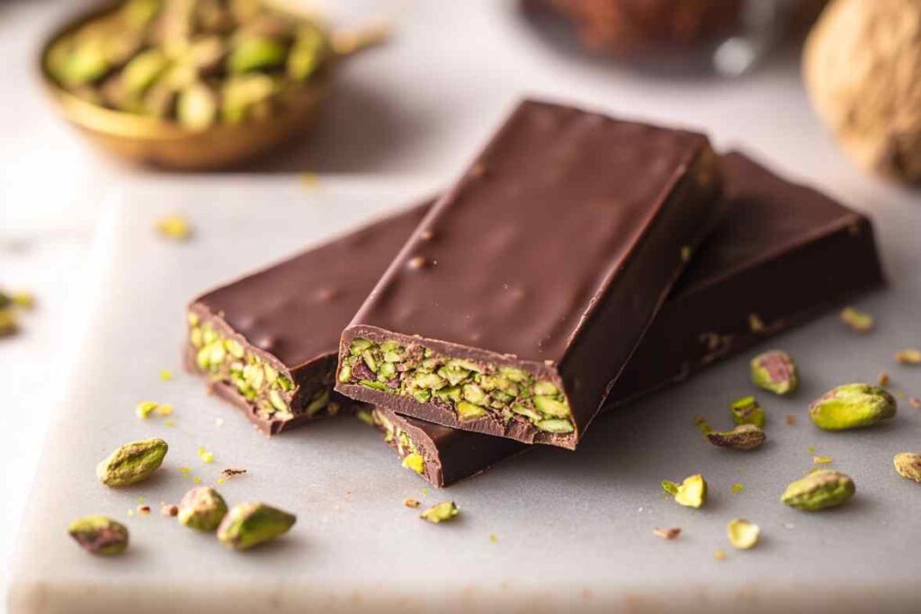 A rich Pistachio Chocolate Bar with whole pistachio pieces embedded in smooth dark chocolate. What is the pistachio chocolate bar called?