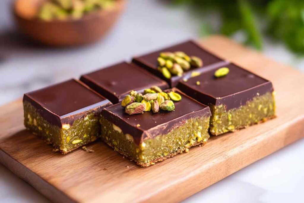 A rich Pistachio Chocolate Bar with a dense pistachio-filled center, surrounded by smooth dark chocolate. What is the pistachio chocolate bar called?