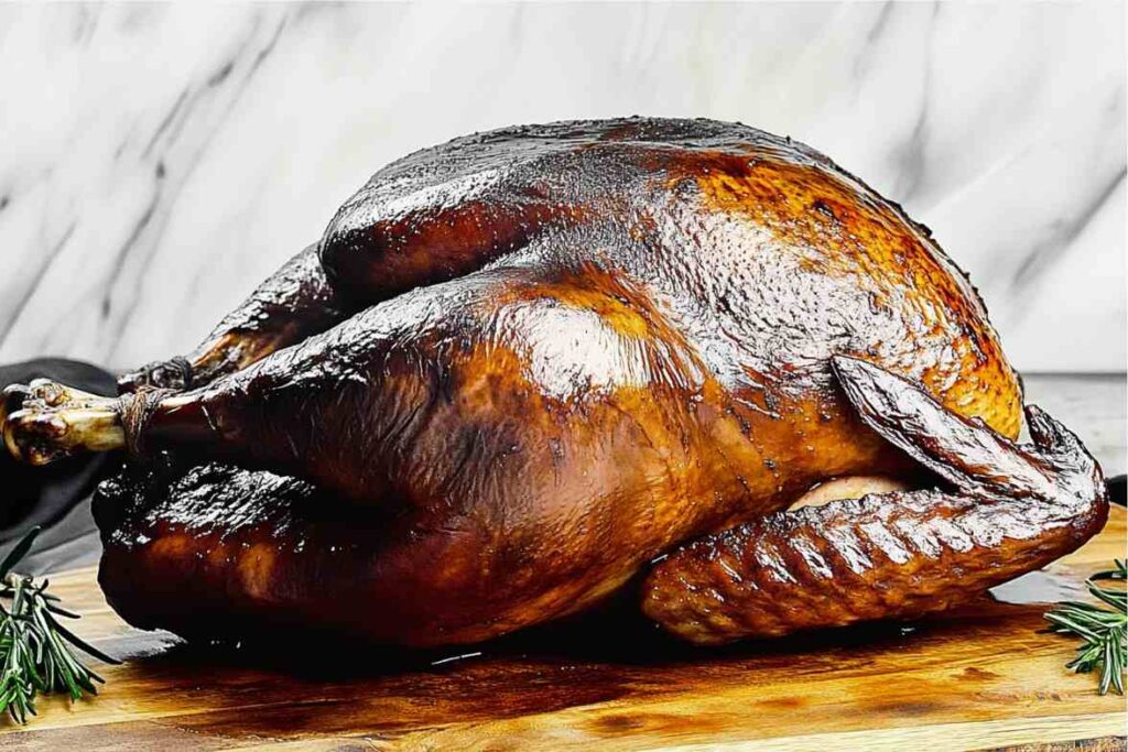 Whole smoked turkey with a golden-brown, crispy exterior on a wooden board garnished with rosemary. Are smoked turkey breasts healthy?