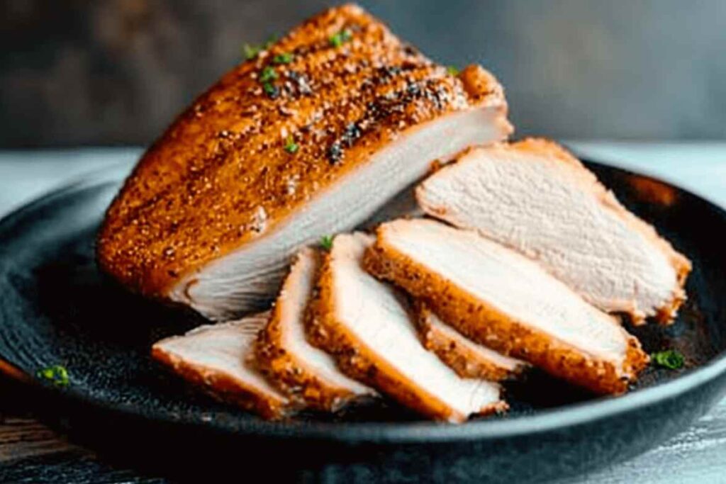 Sliced smoked turkey breast served on a black plate, showcasing its juicy and flavorful texture. Are smoked turkey breasts healthy?