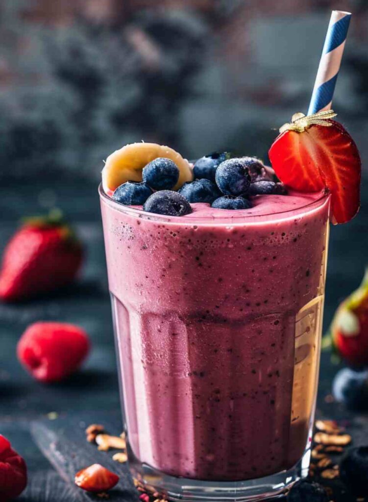 A vibrant glass of Strawberry Blueberry Banana Smoothie topped with fresh blueberries, banana slices, and a strawberry garnish, served with a striped straw.