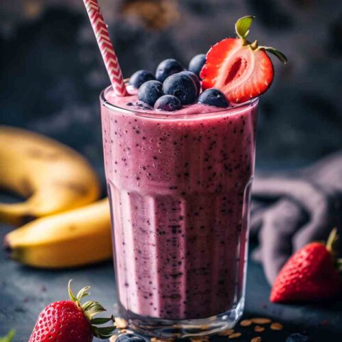 A refreshing Strawberry Blueberry Banana Smoothie served in a tall glass, topped with fresh blueberries and a sliced strawberry, with bananas and berries in the background.