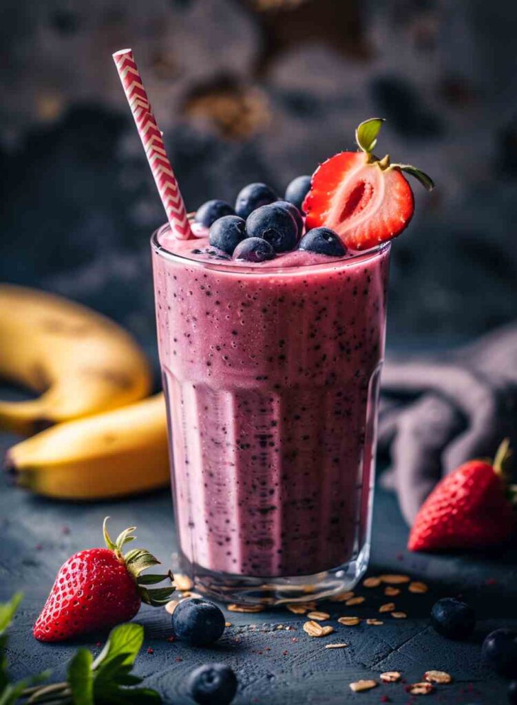 A refreshing Strawberry Blueberry Banana Smoothie served in a tall glass, topped with fresh blueberries and a sliced strawberry, with bananas and berries in the background.