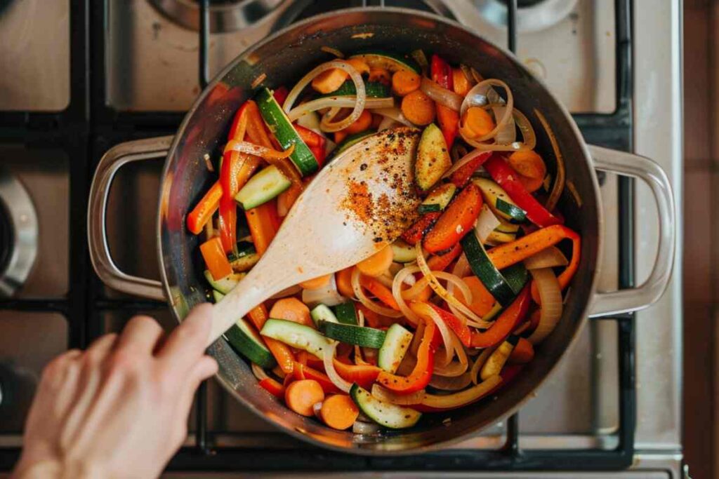 A pot of fresh vegetables, including carrots, zucchini, bell peppers, and onions, being sautéed with spices for a couscous dish.