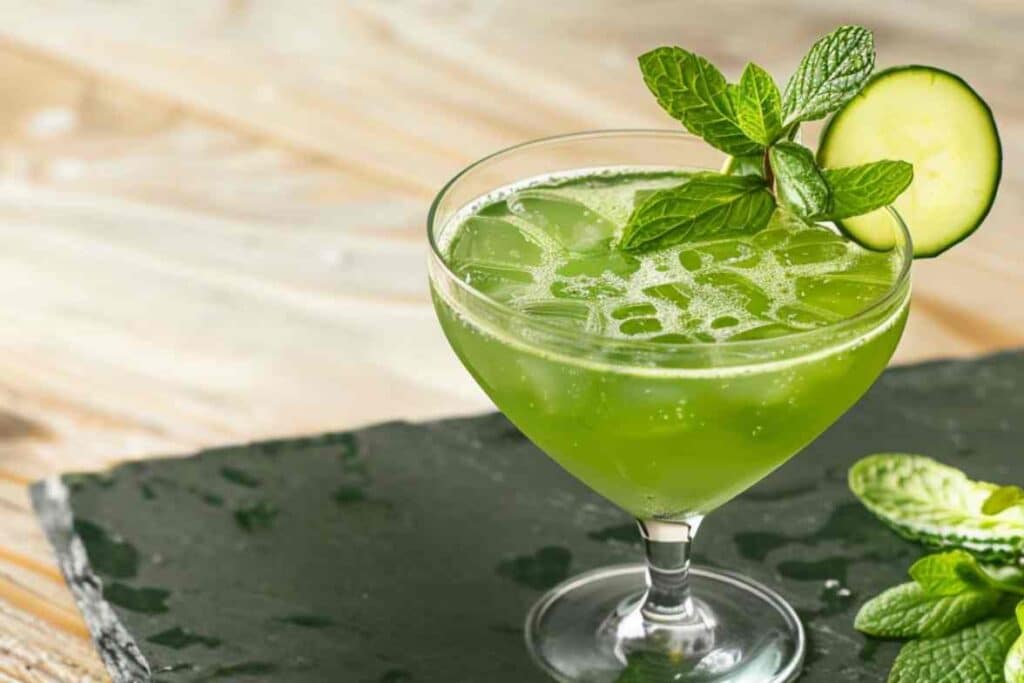 A refreshing cucumber mocktail served in an elegant coupe glass filled with ice, garnished with fresh mint leaves and a cucumber slice, placed on a slate serving board with a wooden background.