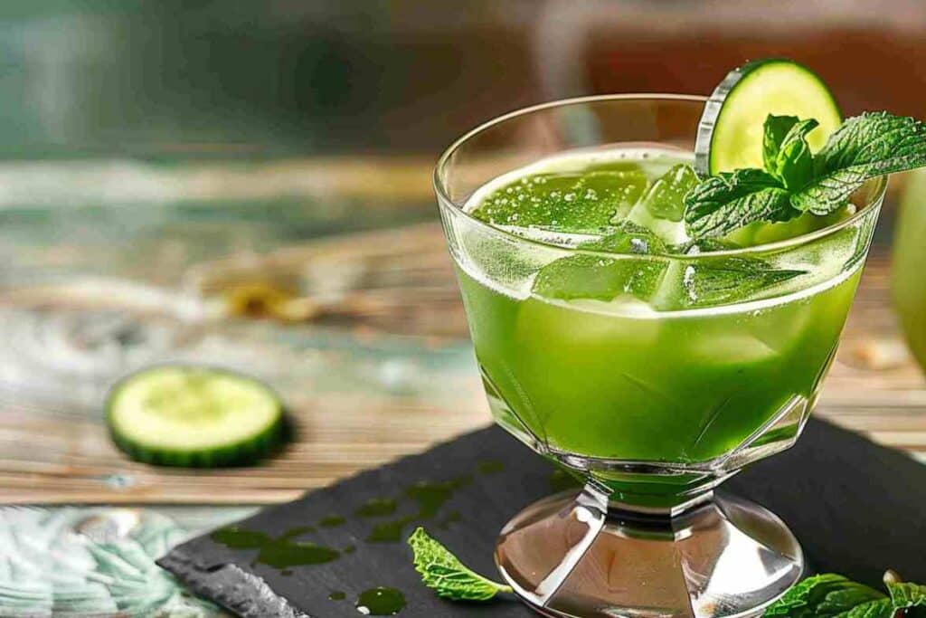 A fresh cucumber mocktail served in a vintage glass with ice, garnished with a cucumber slice and mint leaves, placed on a slate serving board with a rustic wooden background.